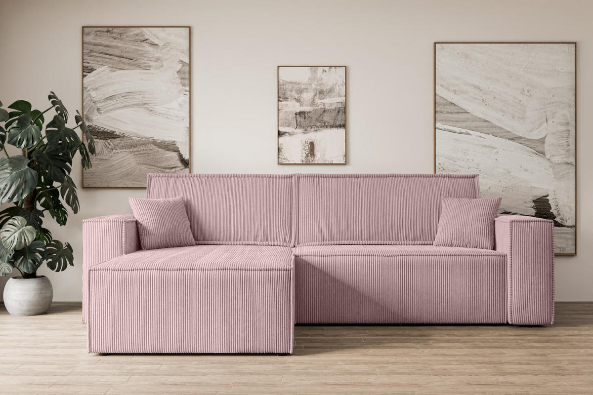 ECKSOFA mit Schlaffunktion und Bettkasten CELTIC-XL - 277x143x83 cm Rosa Cord - Schwarz/Rosa, Holzwerkstoff/Kunststoff (277/143cm) - ALTDECOR