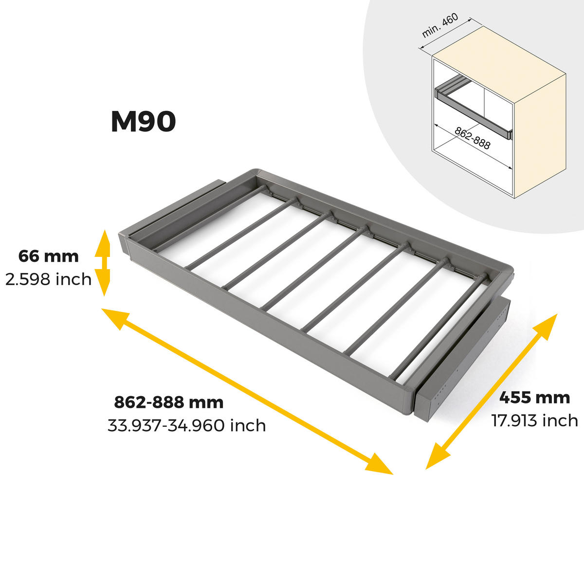 HOSENHALTER Mit 7 Stangen Und Rahmen Für Schrank Quartz, Soft-Close, Vollauszug, 90cm, Titan-Oberfläche - Titanfarben, Metall (45.5/7/88.8cm) - EMUCA