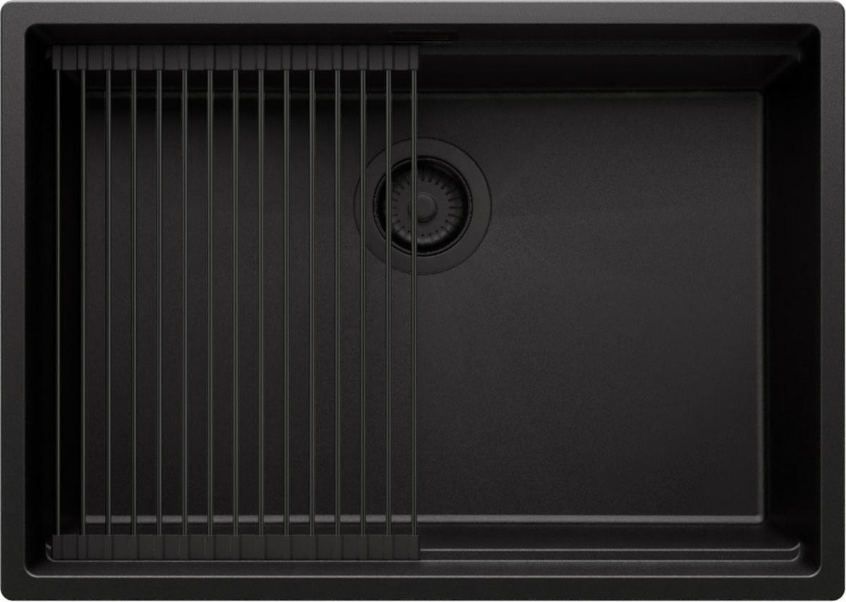 UNTERBAUSPÜLE GRANIT Praga, 2-er set Alles Schwarz 66/47 cm 1 Becken + Ablauf-Set + Aufrollbare Abtropffläche ab 70er Unterschrank - Schwarz, Kunststoff (66/20/47cm) - Primagran
