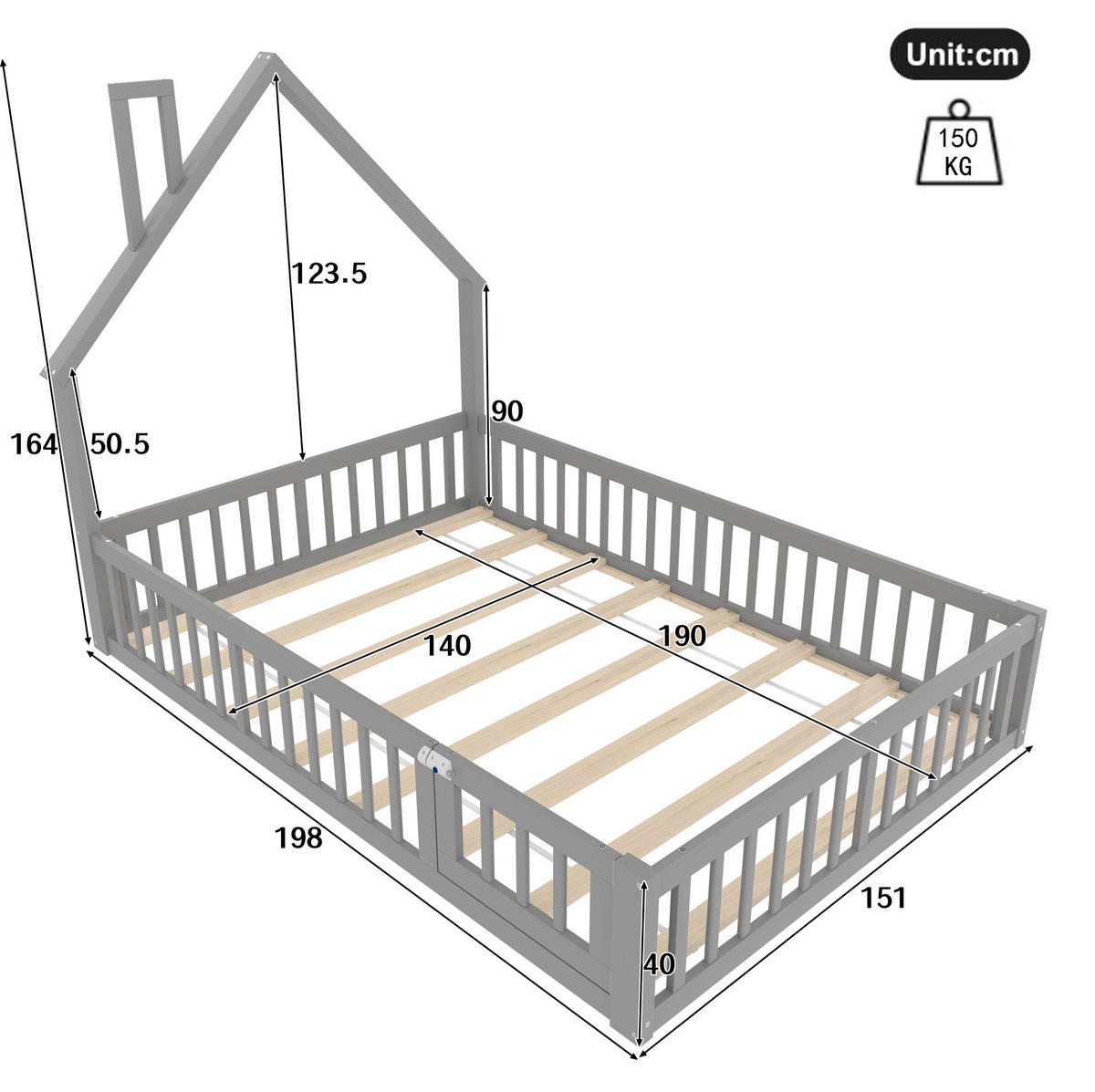 HAUSBETT 140/190 cm Grau aus Kiefernholz und MDF mit Schornsteinform - Grau, Holz (140/190cm) - OKMYHOME