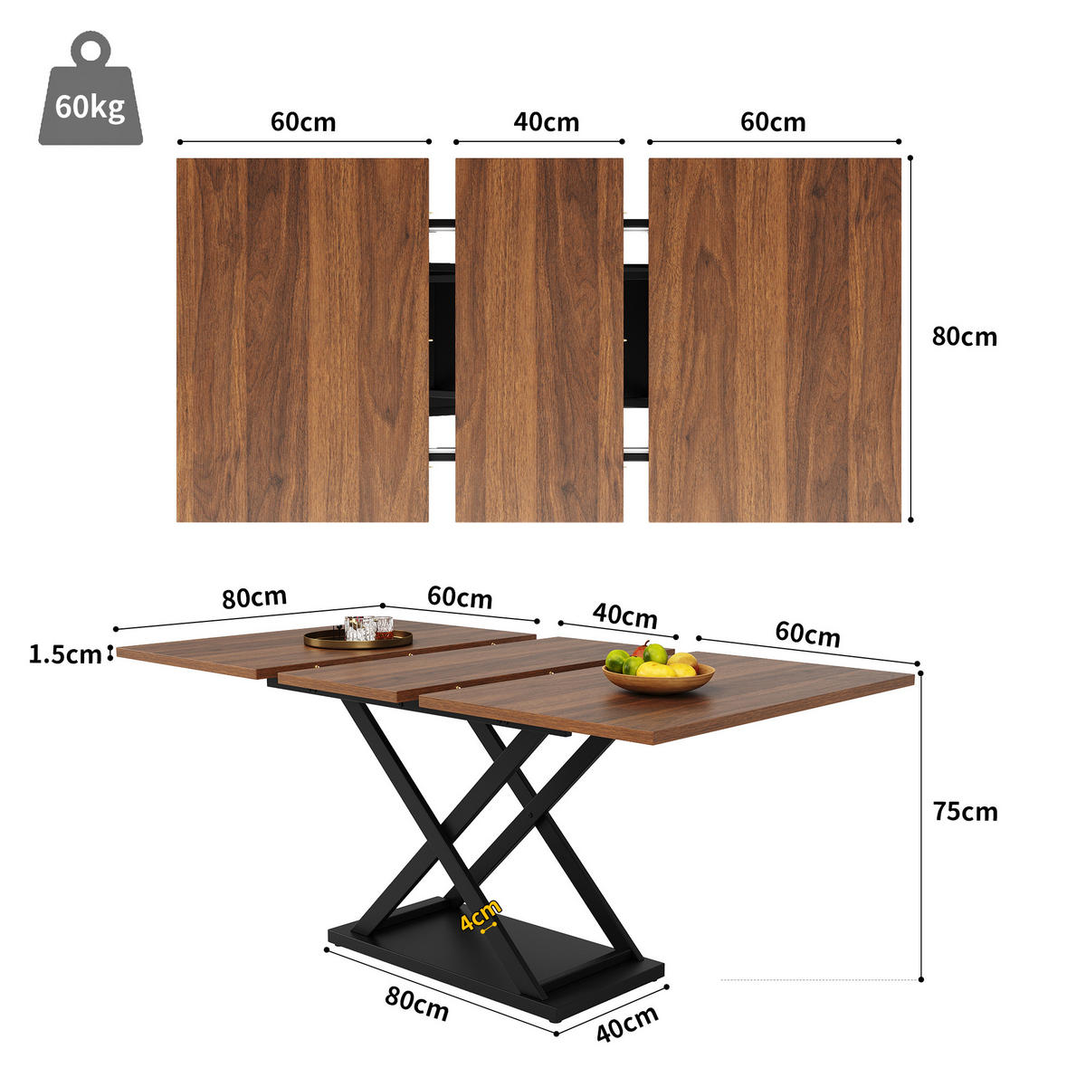 JEDÁLENSKÝ stôl 120-160/80 cm, MDF, orechová/čierna, rozkladací - farba vlašského orecha, kompozitné drevo (160/80/75cm) - BEAOK