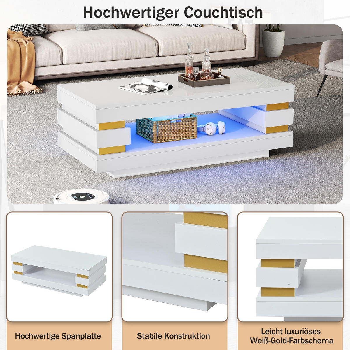 COUCHTISCH LED Weiß 100x50x35cm Stauraum Hochglanz Spanplatte - Weiß, Holzwerkstoff (100/50/35cm) - FLIEKS