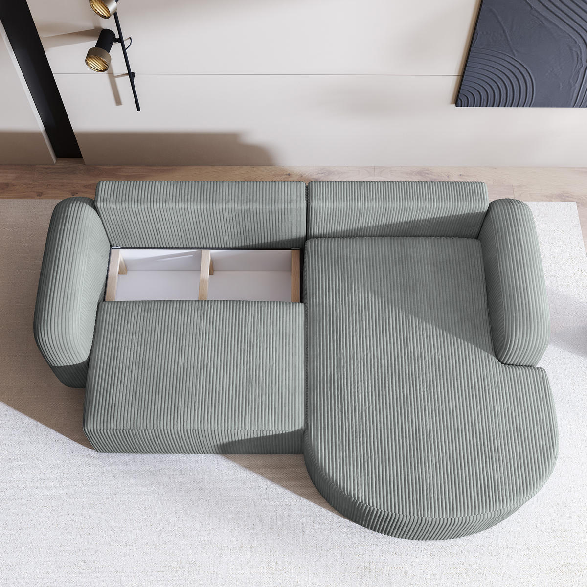 ECKSOFA AMILIA P R-S Grün Kordstoff mit Schlaffunktion - Grün, Holz (263/174cm) - MASSENO