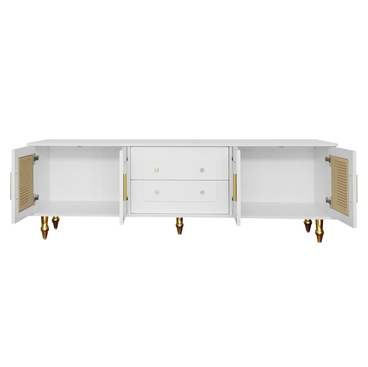 TV ormarić 175/38/55,5 cm bijeli od iverice s PVC vratima od ratana i ladicama na pritisak - bijela, drvni materijal (175/55.5/38cm) - OKWISH