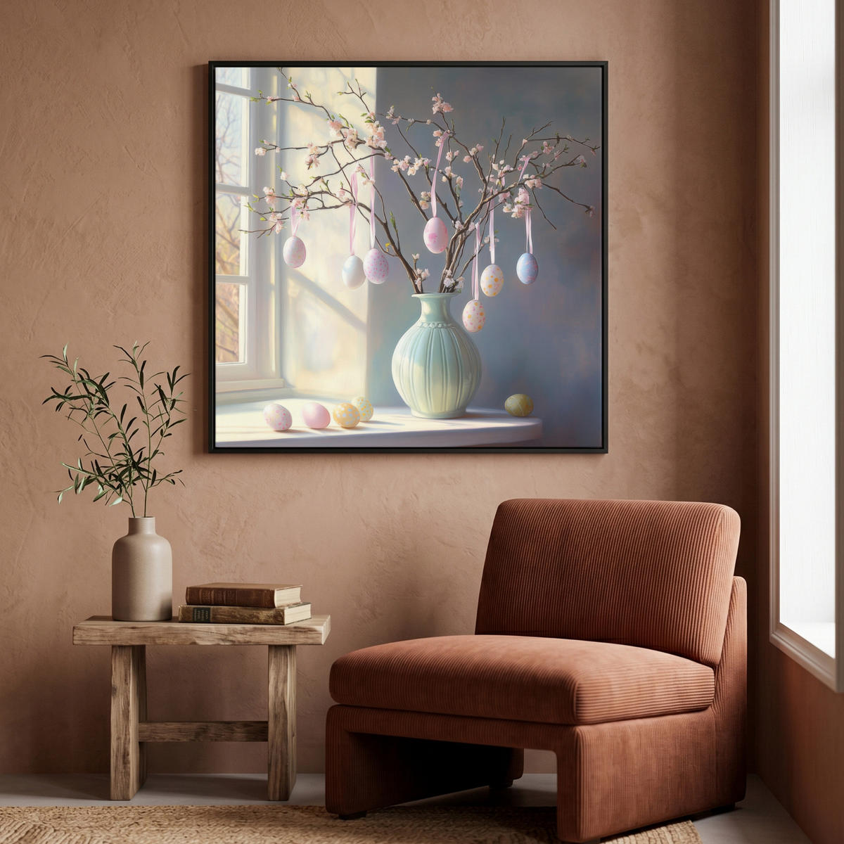 LEINWAND Bilder mit Rahmen - Stillleben - Vase - Osterzweig - 90x90 - Hellblau, Textil (90/90cm) - MuchoWow