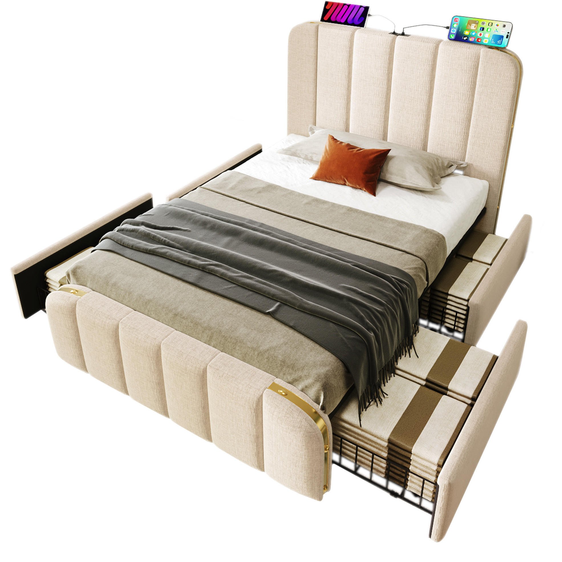 POLSTERBETT 90/200 cm in Beige mit 4 Schubladen und USB- und Type-C-Anschlüssen - Beige, Textil (90/200cm) - Flora Grace