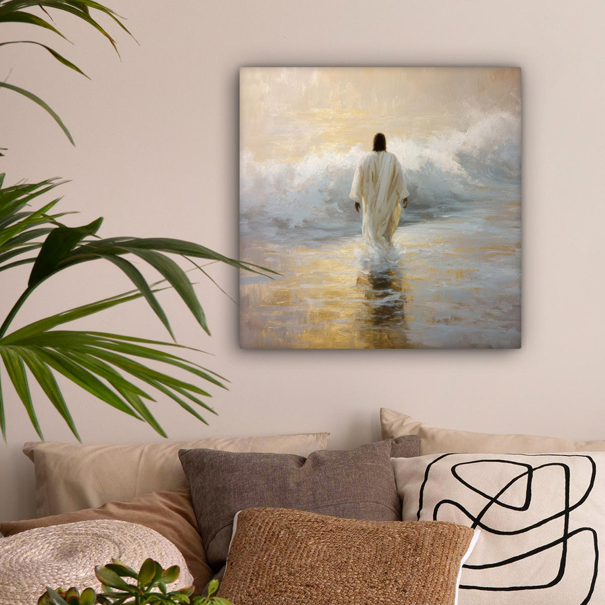 LEINWANDBILD Gemälde - Welle - Jesus - Abstrakt Wandbild Wohnzimmer 50x50 cm - Goldfarben, Textil (50/50cm) - MuchoWow