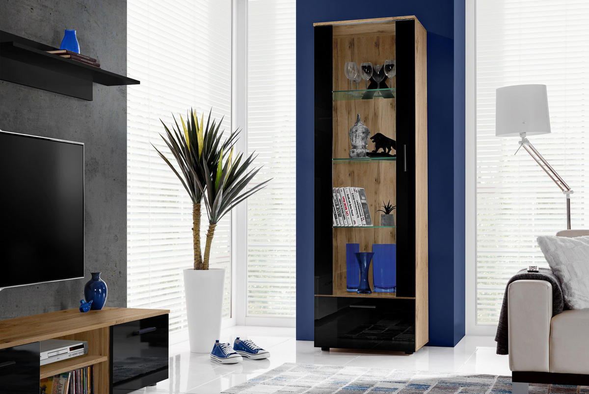 VITRINE ALESSANDRIA, Schwarz - Eiche Wotan/Schwarz, Glas/Holzwerkstoff (60/192/42cm) - Komodee