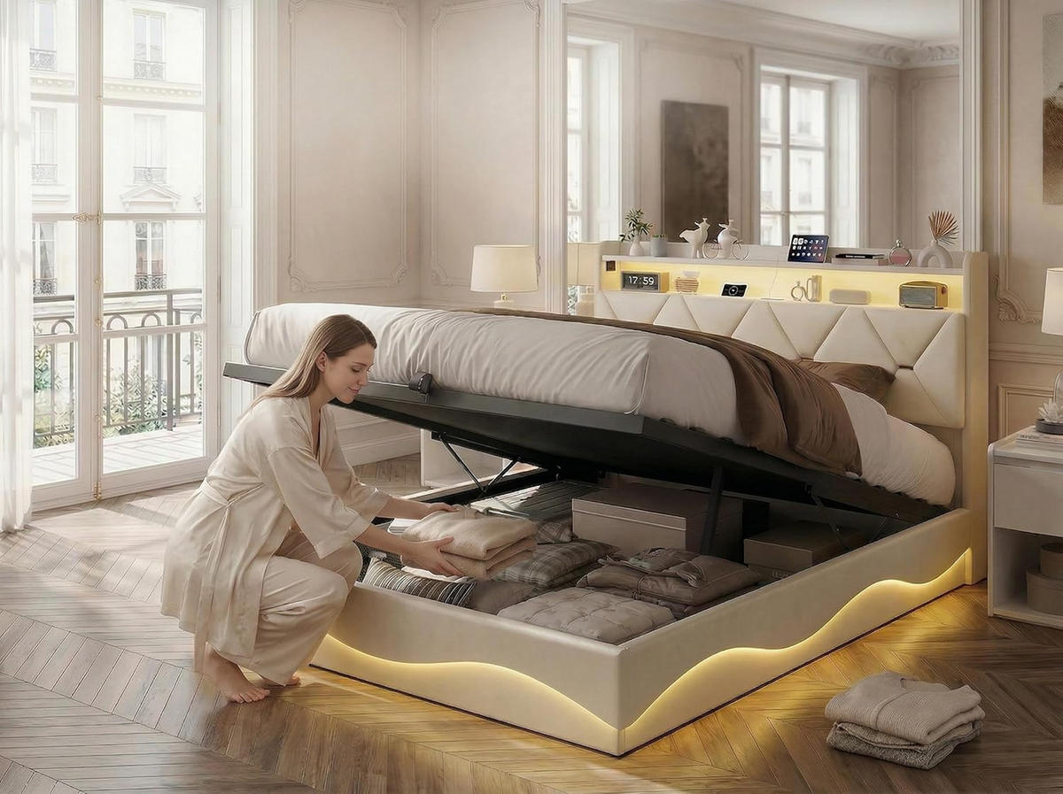 POLSTERBETT 140/200 cm Beige, Doppelbett mit Bettkasten, LED und USB - Beige, Holz/Textil (140/200cm) - PARAFTA HOME