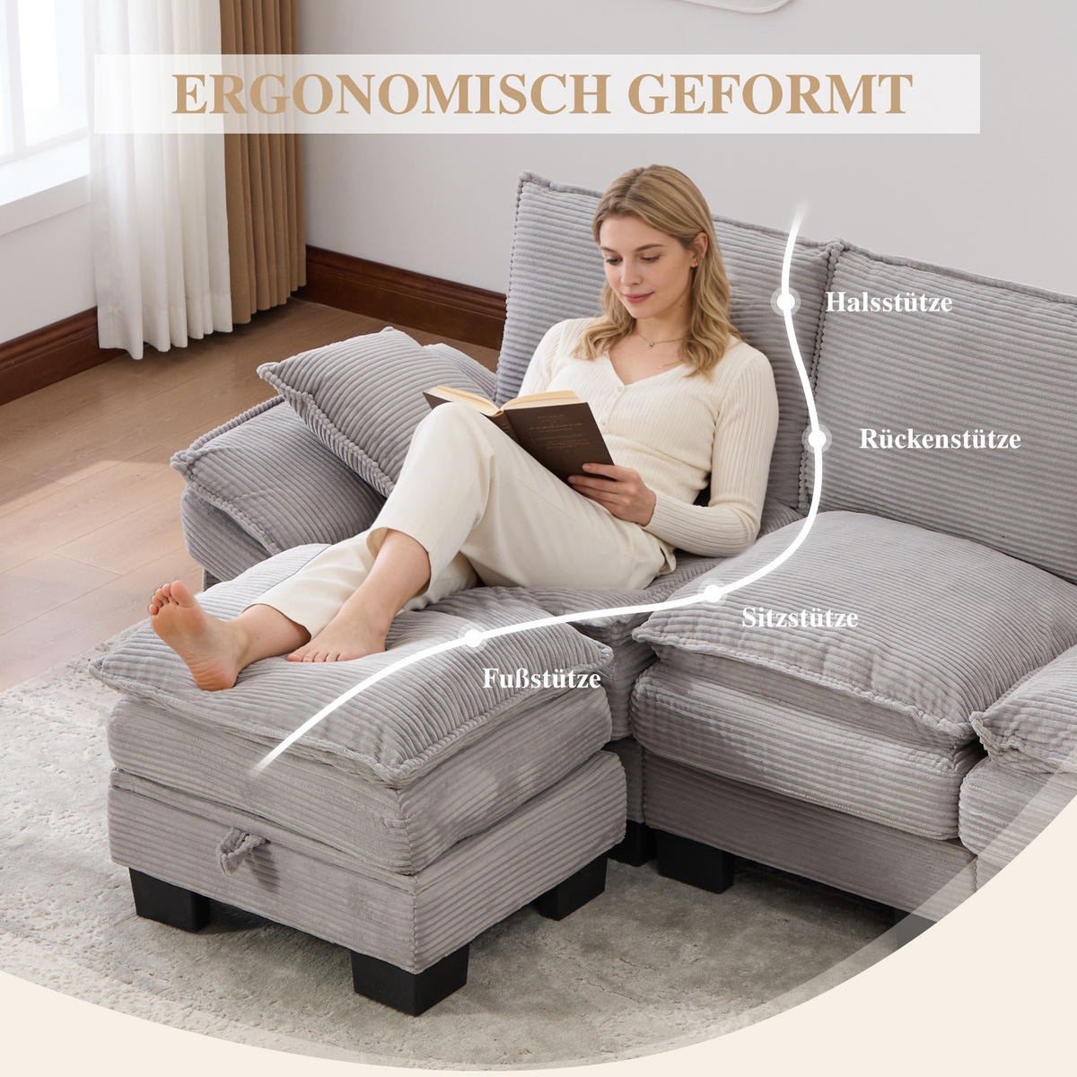 3-SITZER SOFA Cord Hellgrau mit USB-C, Seitentaschen und Hocker - Hellgrau, Holzwerkstoff/Kunststoff (260/132cm) - WISHDOR