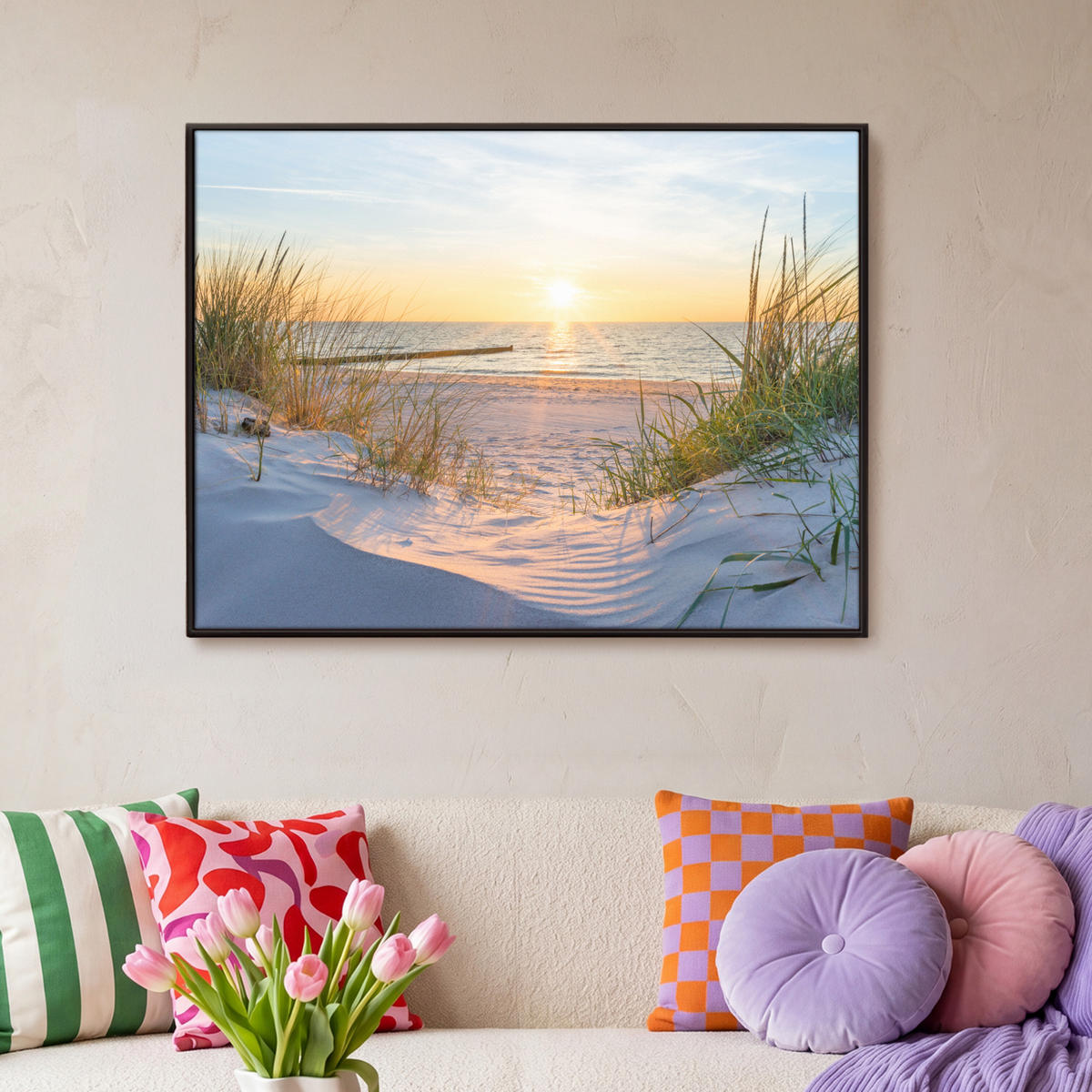 LEINWAND Bilder mit Rahmen - Strand - Sonne - Düne - Gras - Sand - Horizont - 100x70 - Hellblau, Textil (100/70cm) - MuchoWow