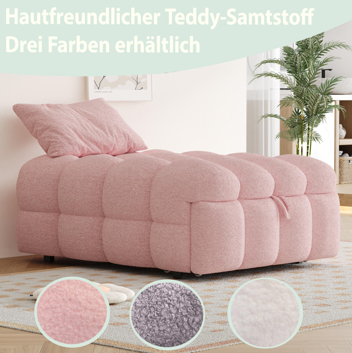 BETT aus Teddy-Stoff 90x180 cm Rosa 2-in-1 ausziehbar als Fußhocker und Gästebett - Rosa, Textil (70/180cm) - Modfu
