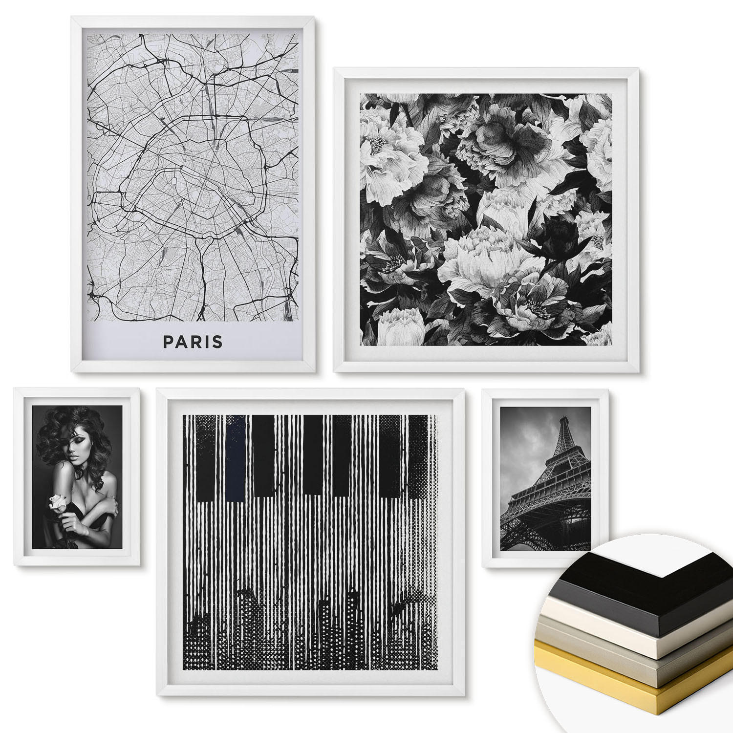 WANDBILDER 5er-Set - 50x50 cm & 20x30 cm & 40x60 cm Weißer Rahmen - Porträt einer Frau mit einer Eiffel-Rose - Weiß, Kunststoff (40/60cm) - ArtPrintCave