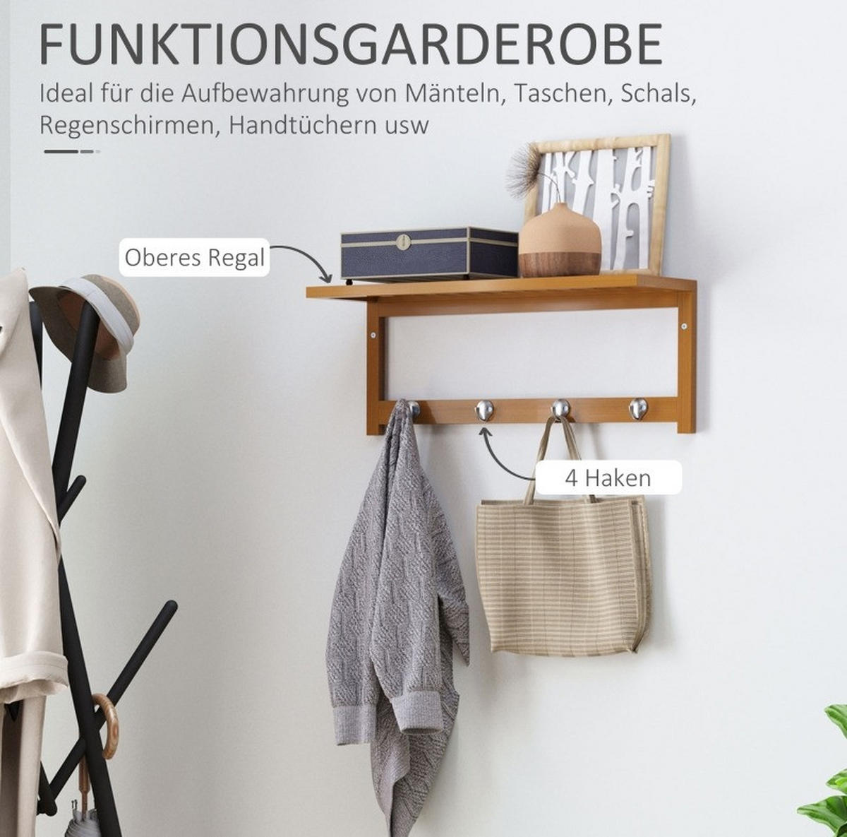 WANDGARDEROBE 50/16/17,5 cm zur Wandmontage mit Ablage und 4 Metallhaken aus Bambus, Naturholz - Naturfarben, Holzwerkstoff (50/17.5/16cm) - Redom