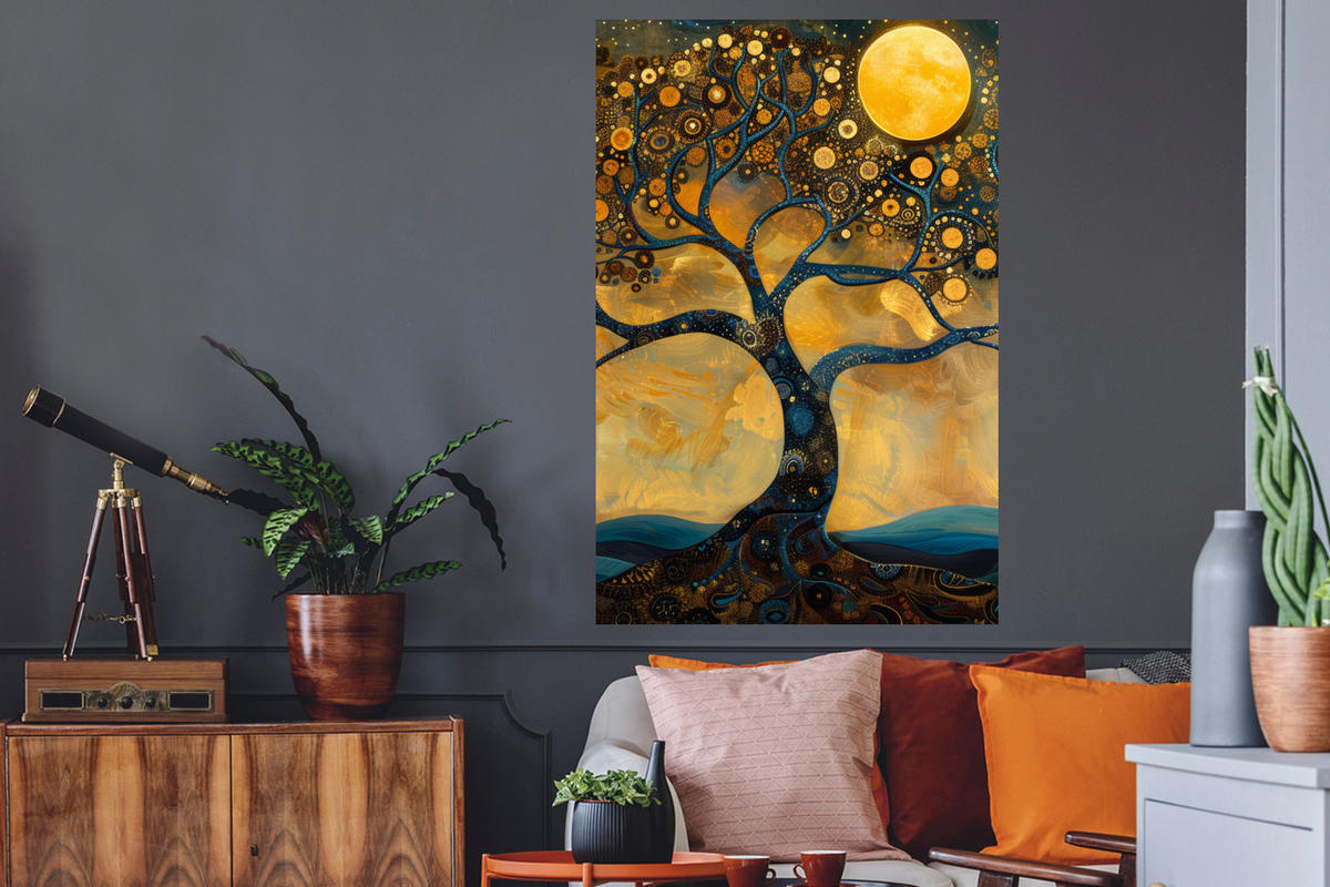 WANDTATTOO Baum - Mond - Blumen - Gold - Kunst 80x120 cm - Orange, Kunststoff (80/120/0.1cm) - MuchoWow