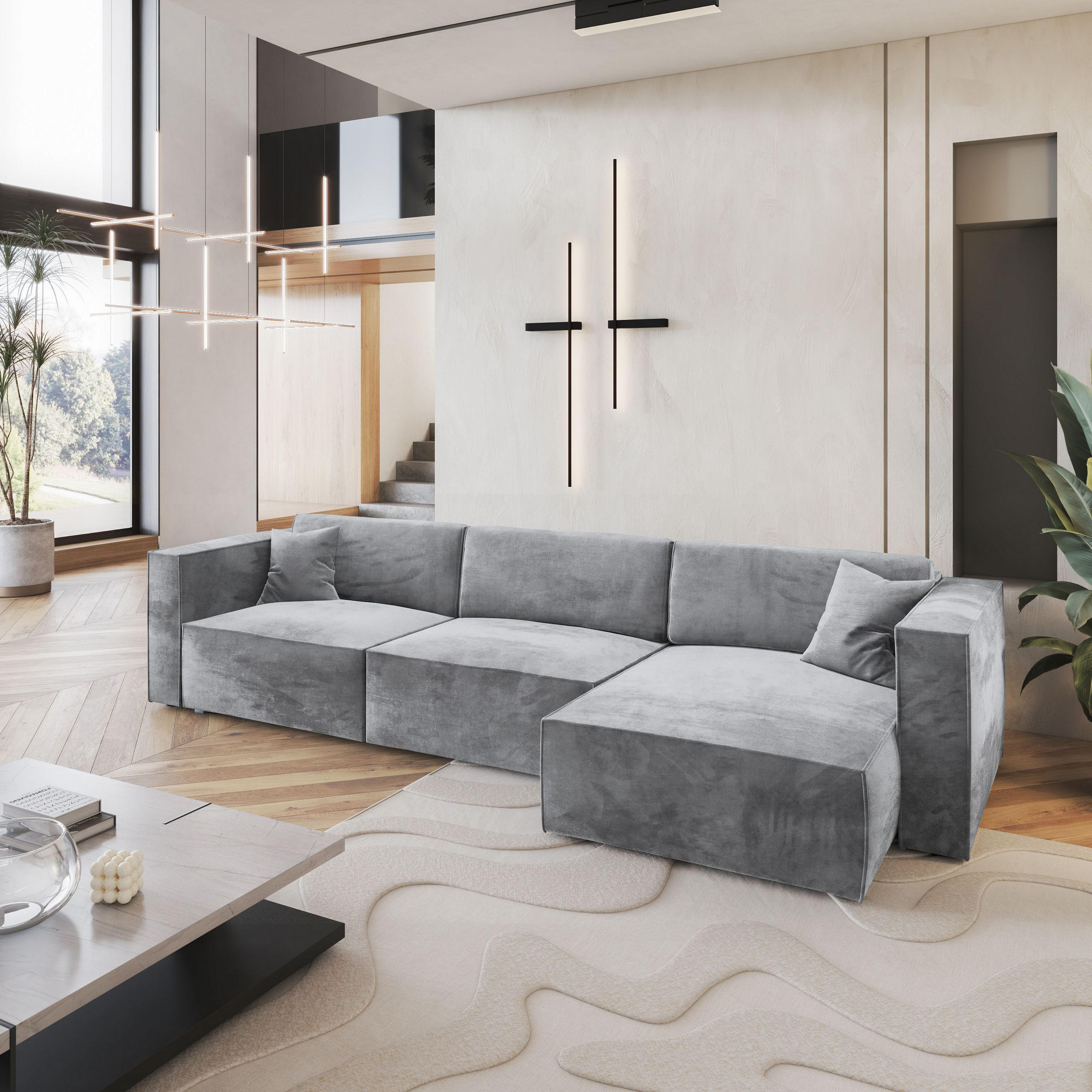 ECKSOFA TOLMO M Hellgrau Velours-Stoff mit Schlaffunktion - Hellgrau, Holz (347/148cm) - MASSENO
