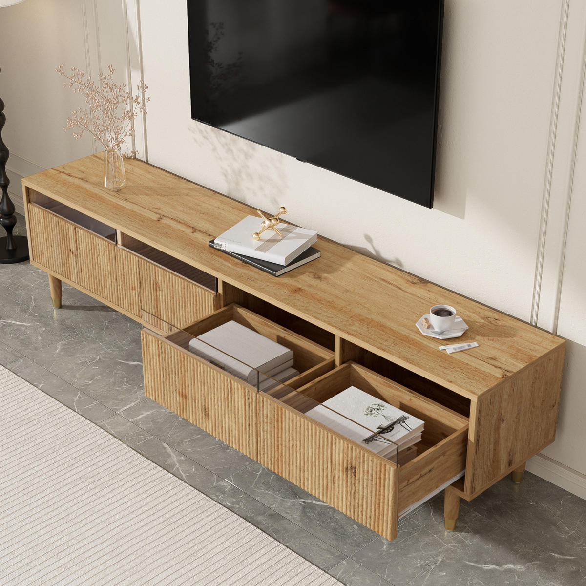TV Lowboard 178 cm, 4 Schubladen, Holzoptik, Stauraum - Braun, Holz (178/45/35cm)
