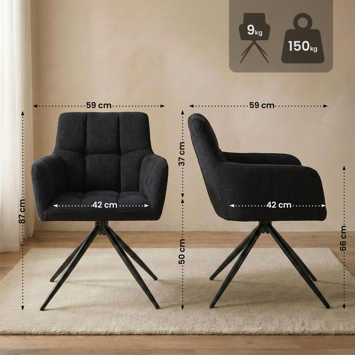 ESSZIMMERSTUHL Jonah 59x59x87 cm schwarz - Schwarz, Textil (59/87/59cm) - furnicato