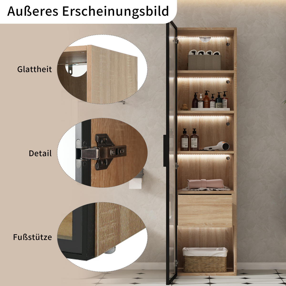 HOCHSCHRANK 40x34.5x165 cm Naturfarben mit gehärtetem Glas & offenen Fächern - Naturfarben, Holzwerkstoff (40/165/34.5cm) - Modfu