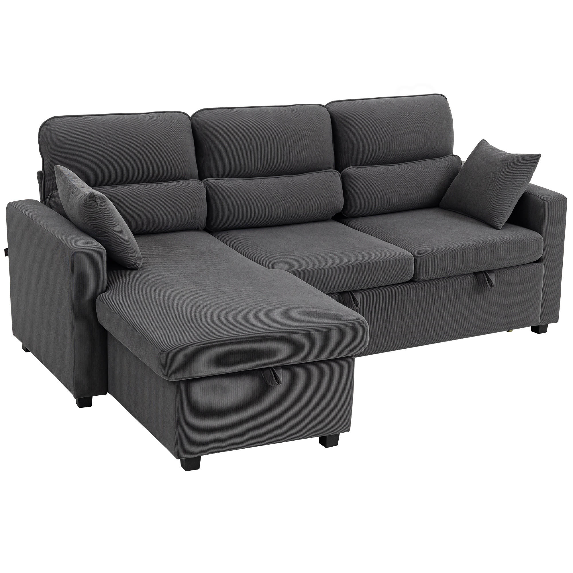 BETTSOFA Verstellbar L-förmiges Gästesofa mit Bettfunktion Kissen - Beige/Schwarz, Kunststoff/Textil (135/205cm) - HOMCOM