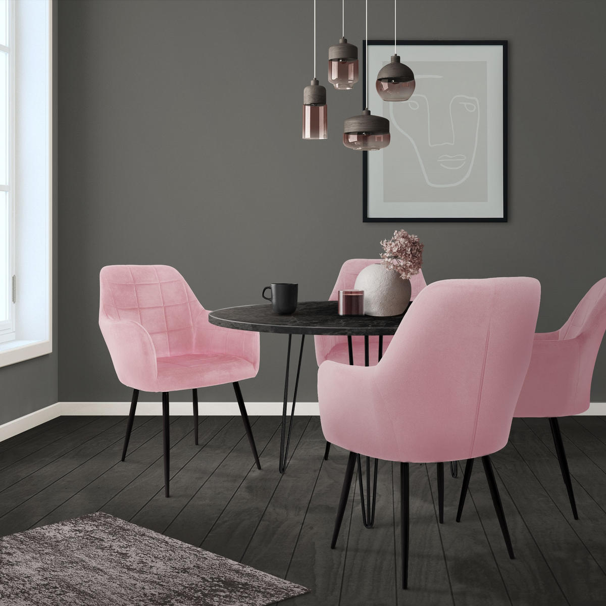 ESSZIMMERSTUHL 4er Set Rosa Samt - Pink/Schwarz, Textil/Metall (45/83/47cm) - ECD-Germany