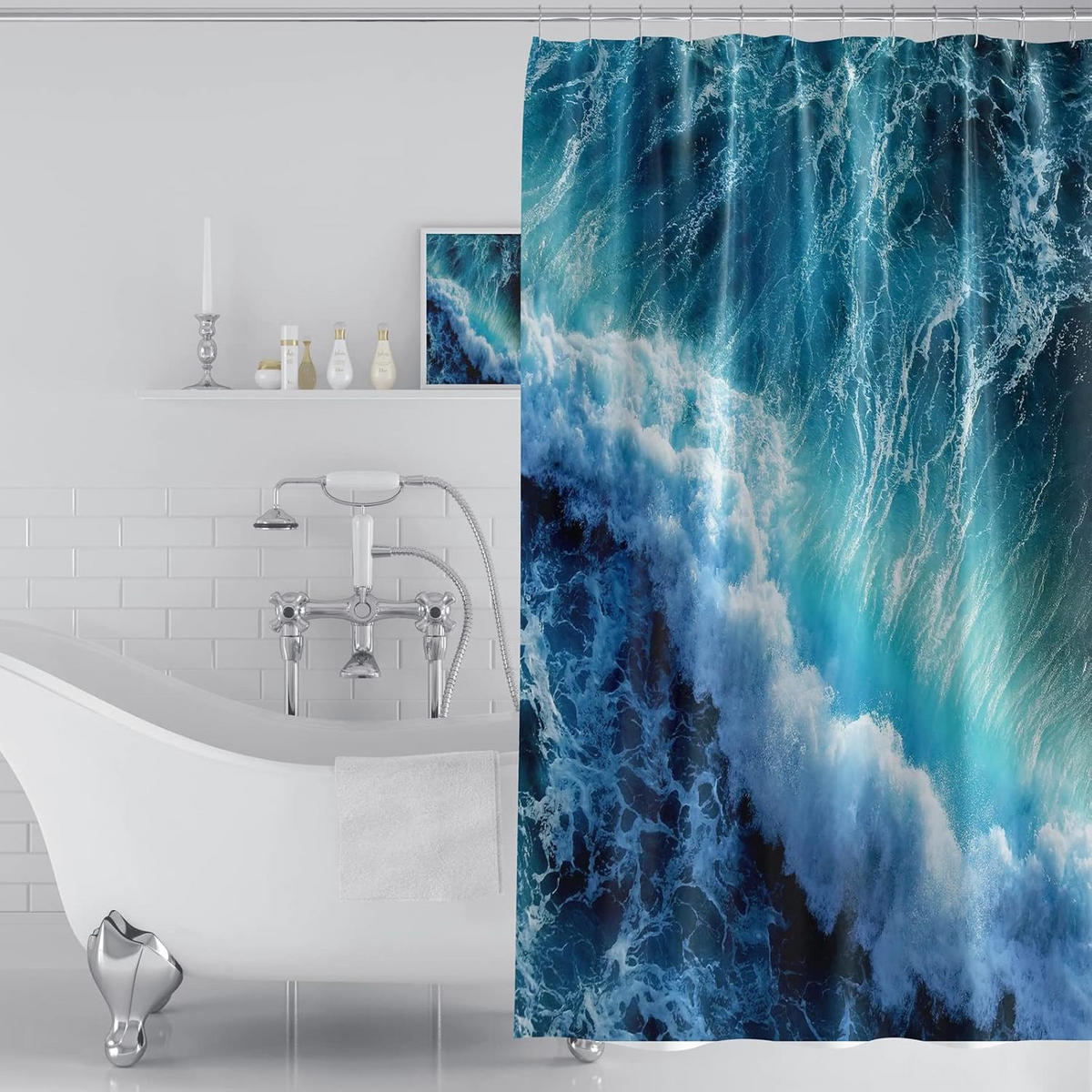DUSCHVORHANG Blau Wellen Muster 3D schimmelresistent mit Haken fürs Badezimmer Badewanne - Blau, Textil (180/180cm) - MCBOSON