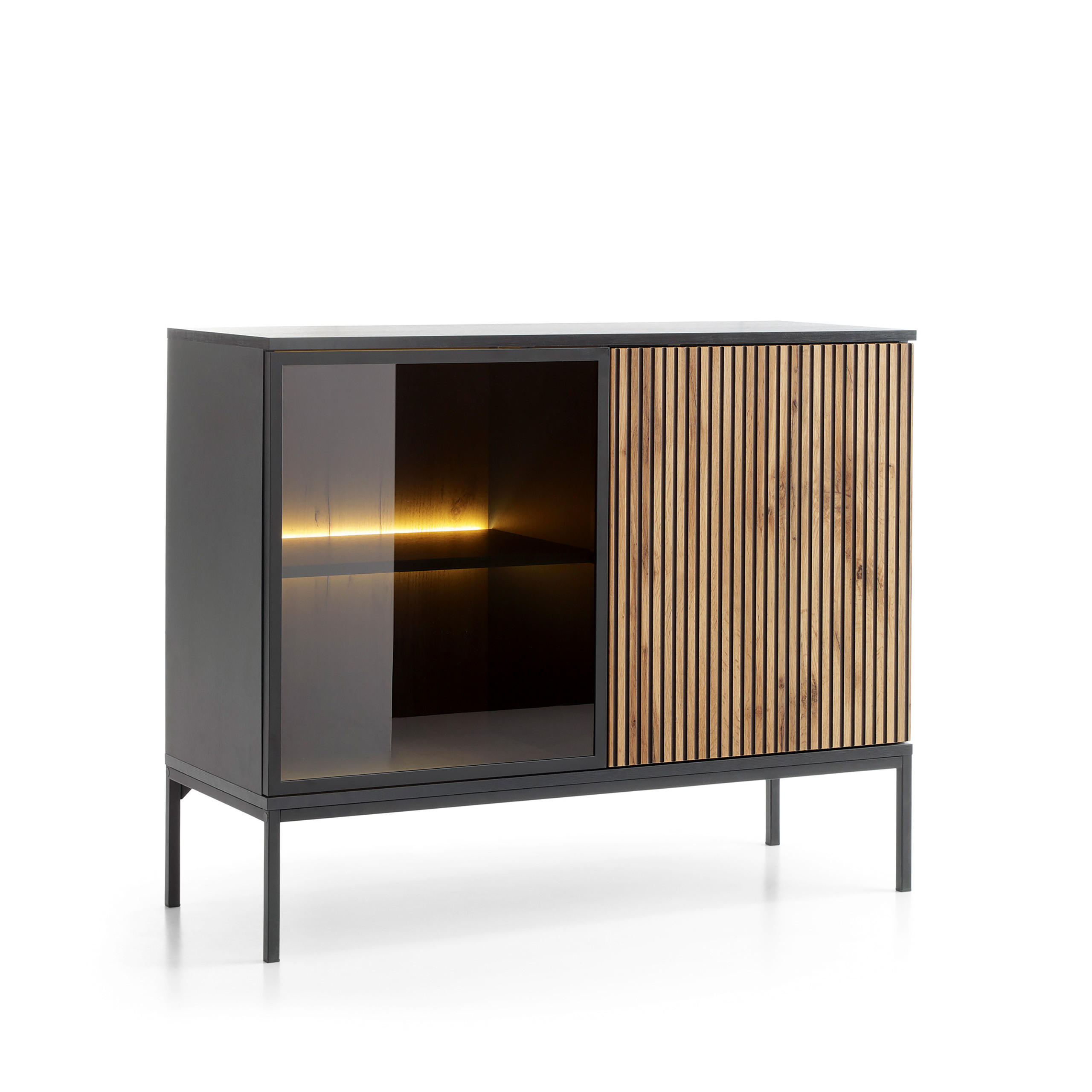 KOMMODE SENTIERO 104/83/39 cm mit LED 2 Türen Schwarz - Eiche Wotan/Schwarz, Holzwerkstoff (104/83/39cm) - MASSENO