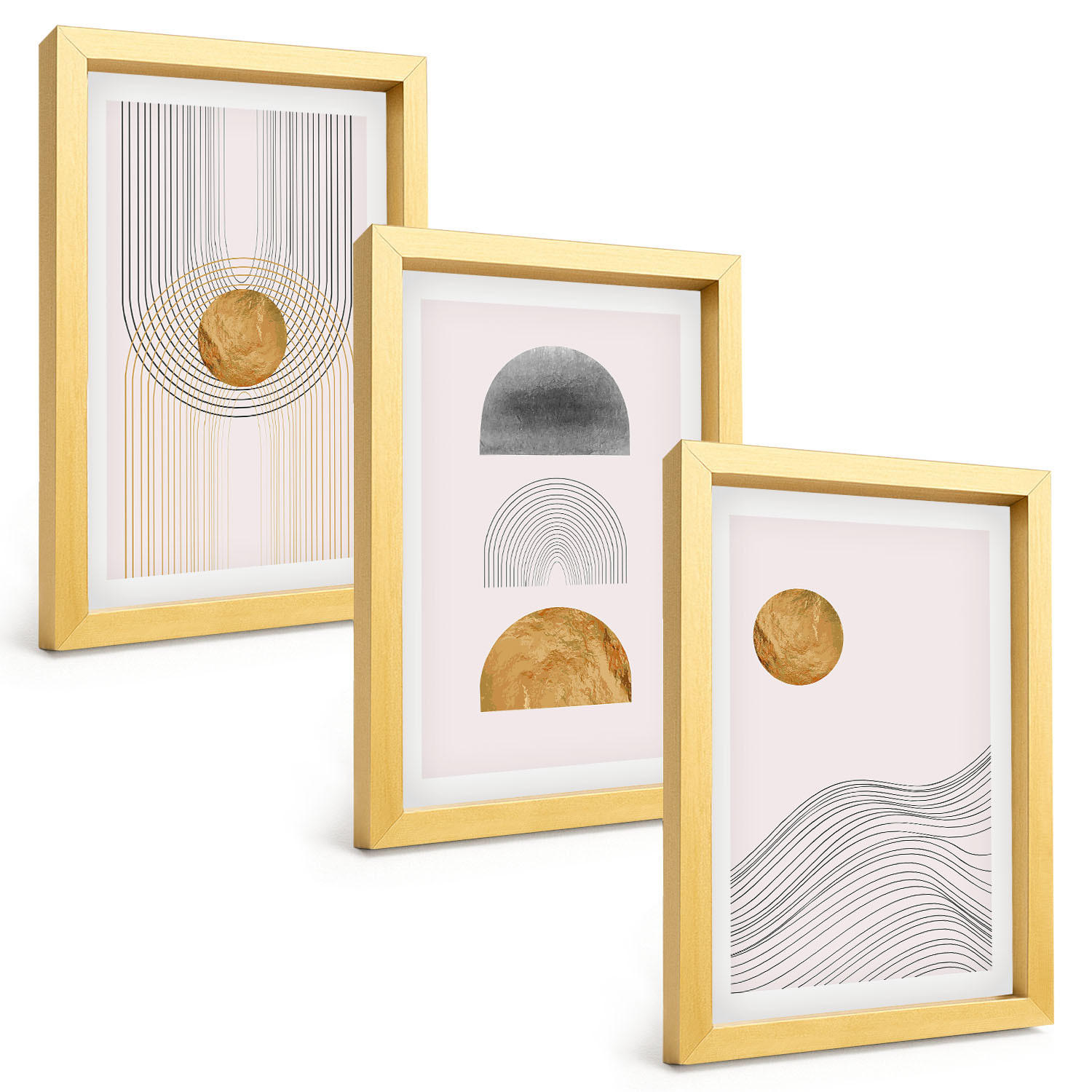 BILDER SET 3er Set - 20x30 cm Goldrahmen - Abstrakte Formen in Beige und Grau - Goldfarben, Kunststoff (20/30cm) - TULUP