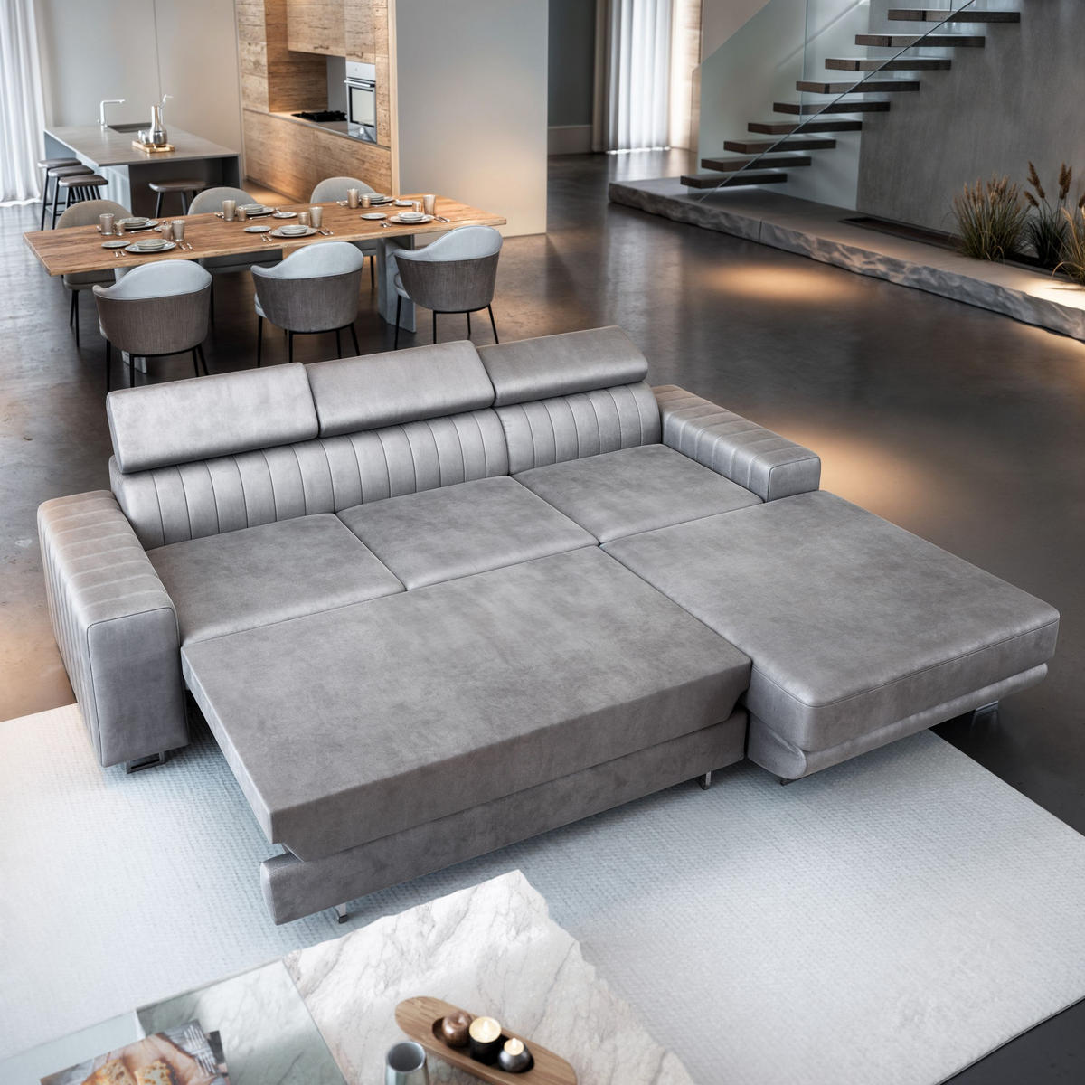 ECKSOFA NOTO L-S Beige Velours-Stoff mit Schlaffunktion - Beige, Holz (267/190cm) - MASSENO