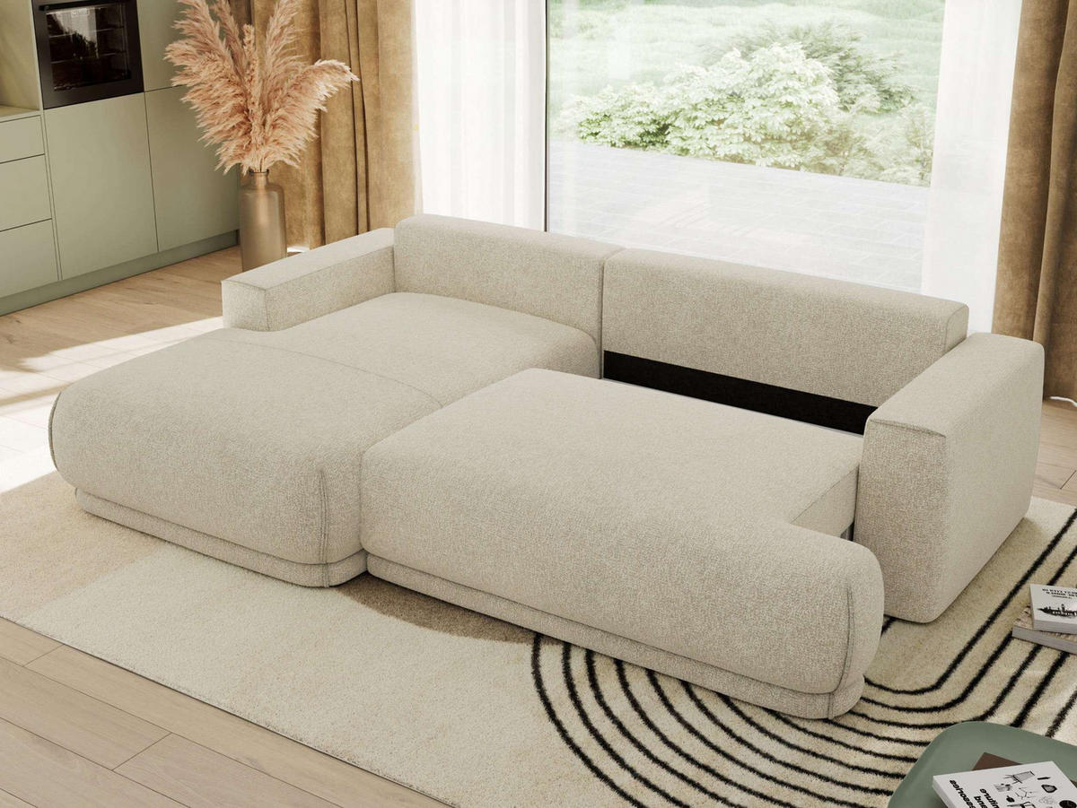 ECKSCHLAFSOFA RINA L Creme Strukture - links - Creme/Schwarz, Kunststoff/Textil (267/170cm) - MKS