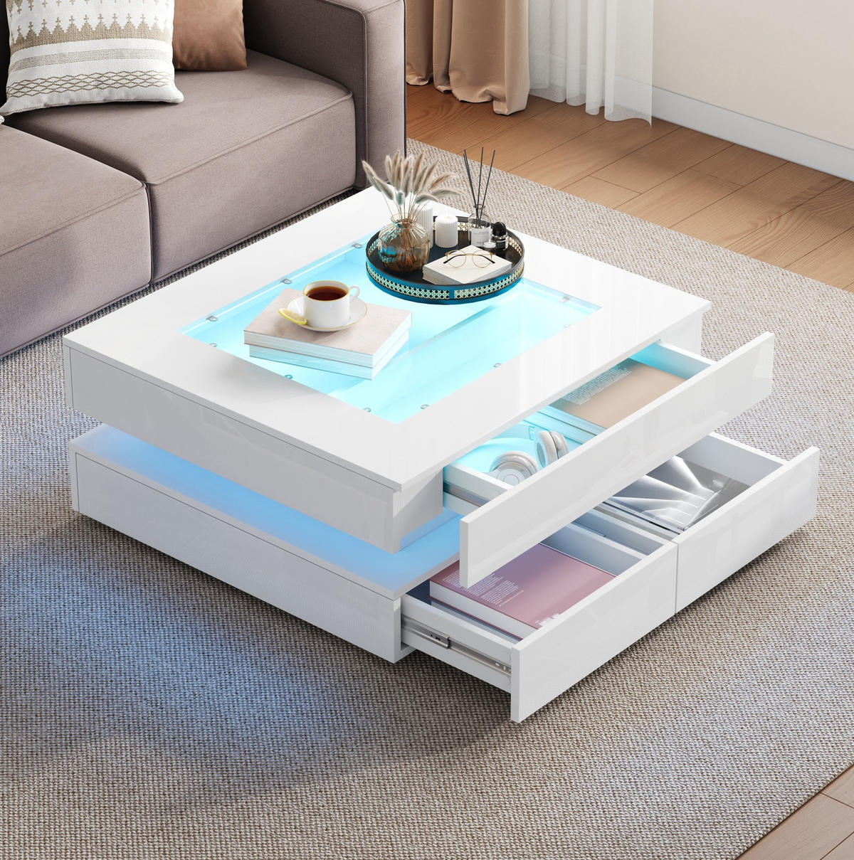 COUCHTISCH mit LED 70 x 70 x 35 cm Glas Weiß mit 3 Schubladen - Weiß, Glas (70/70/35cm) - Meubliv