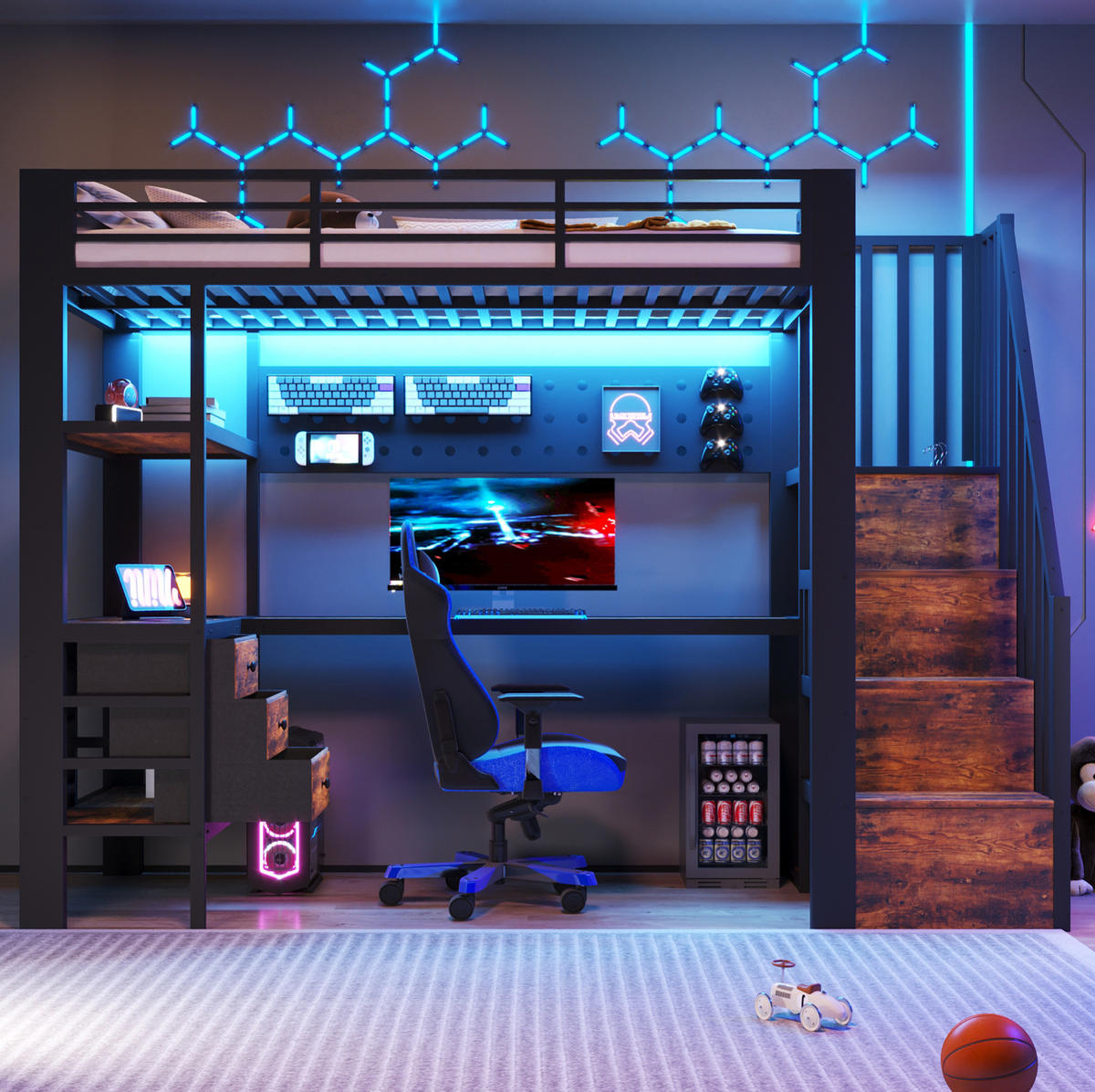 HOCHBETT 90/200 cm aus Metall und MDF mit Schreibtisch, Stauraum und LED Schwarz - Schwarz, Holzwerkstoff (90/200cm) - Modenvie
