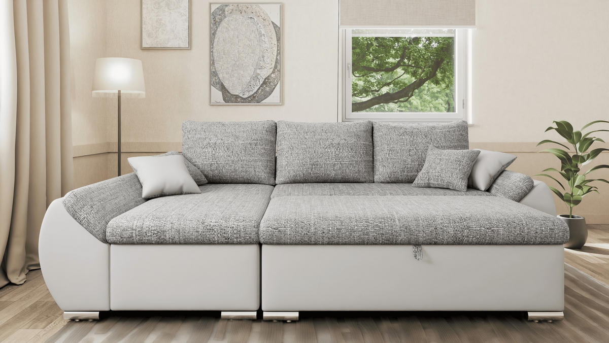 ECKSCHLAFSOFA ALEX – Grau + Weiß (Lawa 05 + Soft 17) + Hocker - Links - Weiß, Holzwerkstoff/Metall (275/155cm) - Möblo