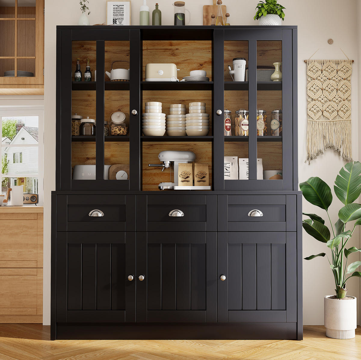 BUFFET 140/38,5/175 cm in Schwarz mit Acrylfronten und Schubladen - Schwarz, Holzwerkstoff (140/175/38.5cm) - Flora Grace