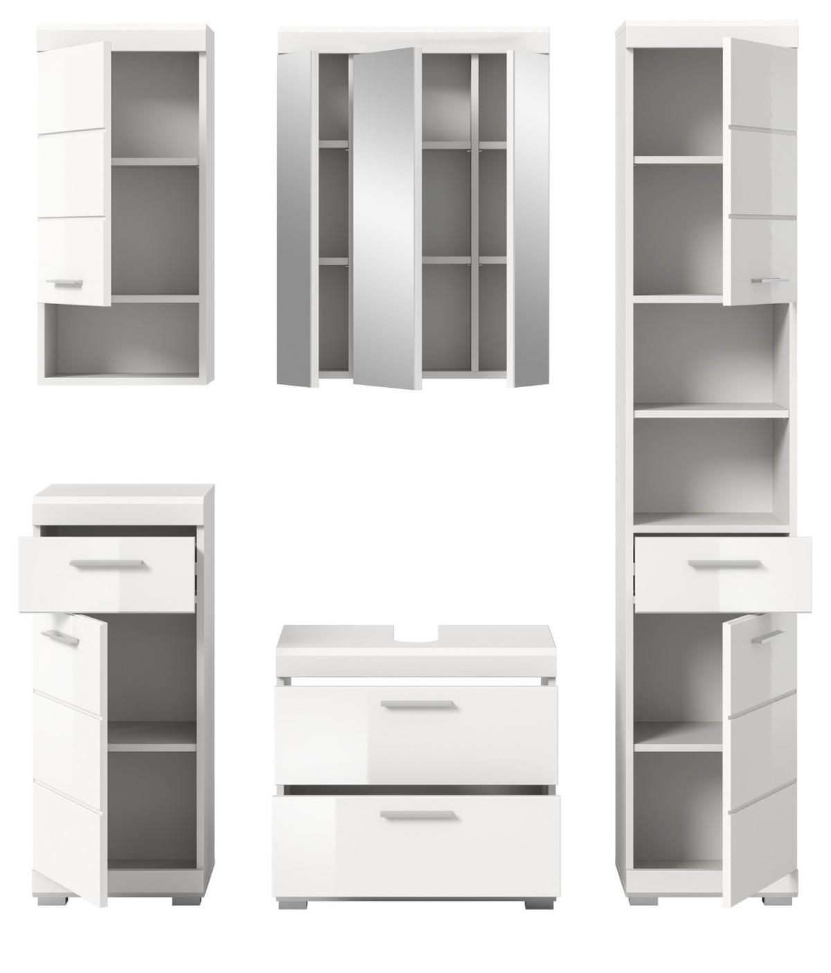 BADMÖBEL-SET weiß Hochglanz 5-teilig 164 cm, Komplettset mit viel Stauraum - Weiß Hochglanz, Glas/Holzwerkstoff (164/191/37cm) - Inn.Furn