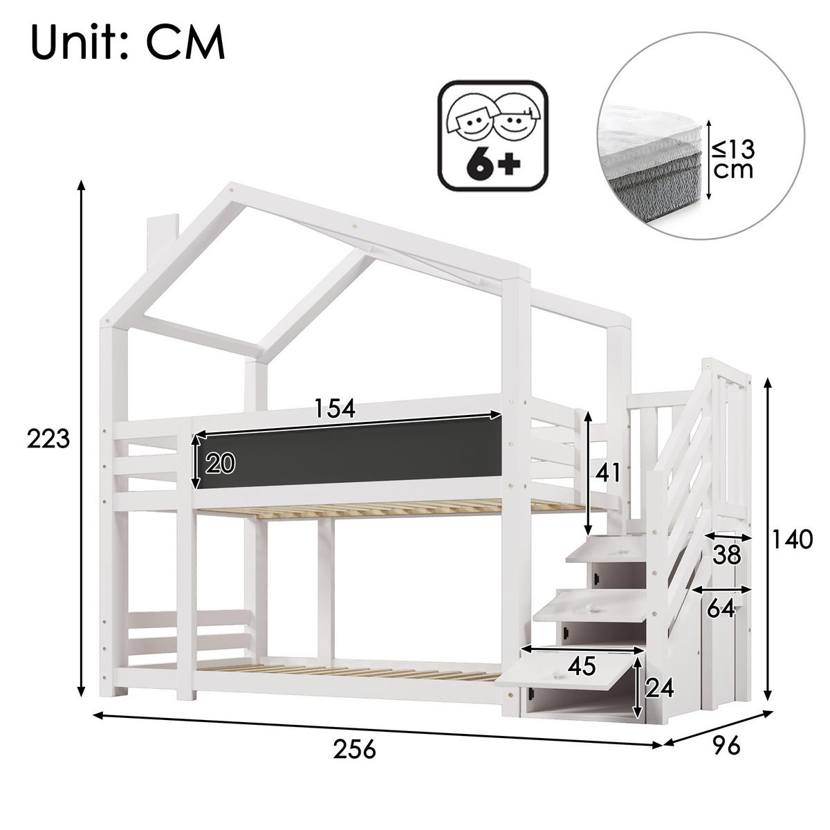ETAGENBETT 90/200 cm in Weiß mit Tafel und Stauraum im Baumhaus-Design - Weiß, Holzwerkstoff (90/200cm) - OKMYHOME