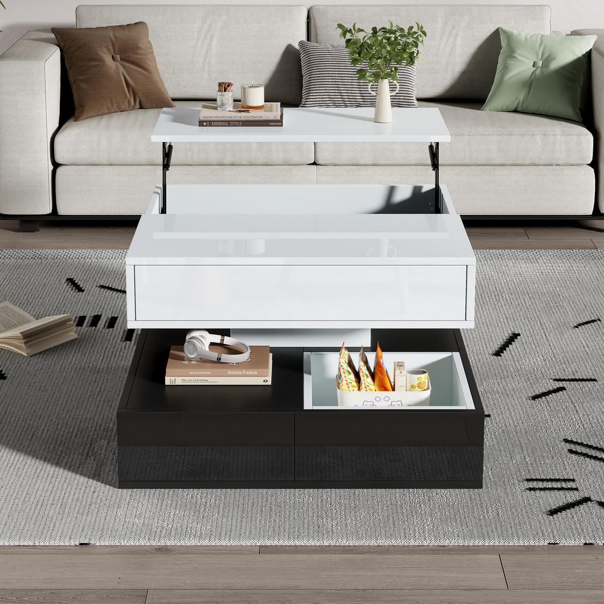 COUCHTISCH, 360° drehbar, Hochglanz schwarz-weiß, 3 Schubladen, versteckter Stauraum, 70/70/40–55 cm,Multicolor - Multicolor, Holzwerkstoff (70/70/40cm) - Redom