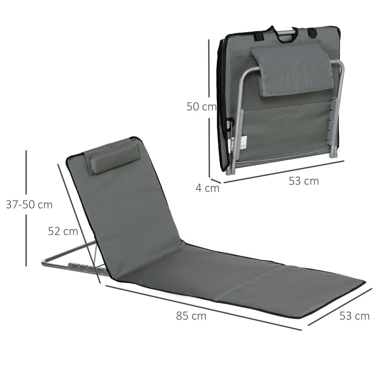 STRANDMATTE, 2er Set Faltbare Strandliege mit Kopfkissen, Tragetasche, Grau - Grau, Metall (53/35/124cm) - Outsunny