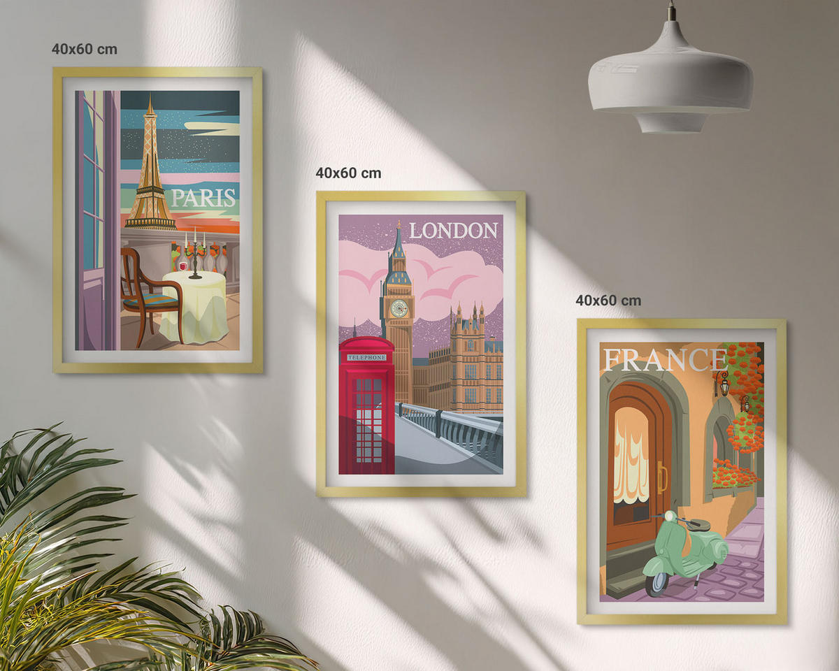 WANDBILDER 3er Set - 40x60 cm Goldrahmen - Ansichten Paris London Retro - Goldfarben, Kunststoff (40/60cm) - ArtPrintCave