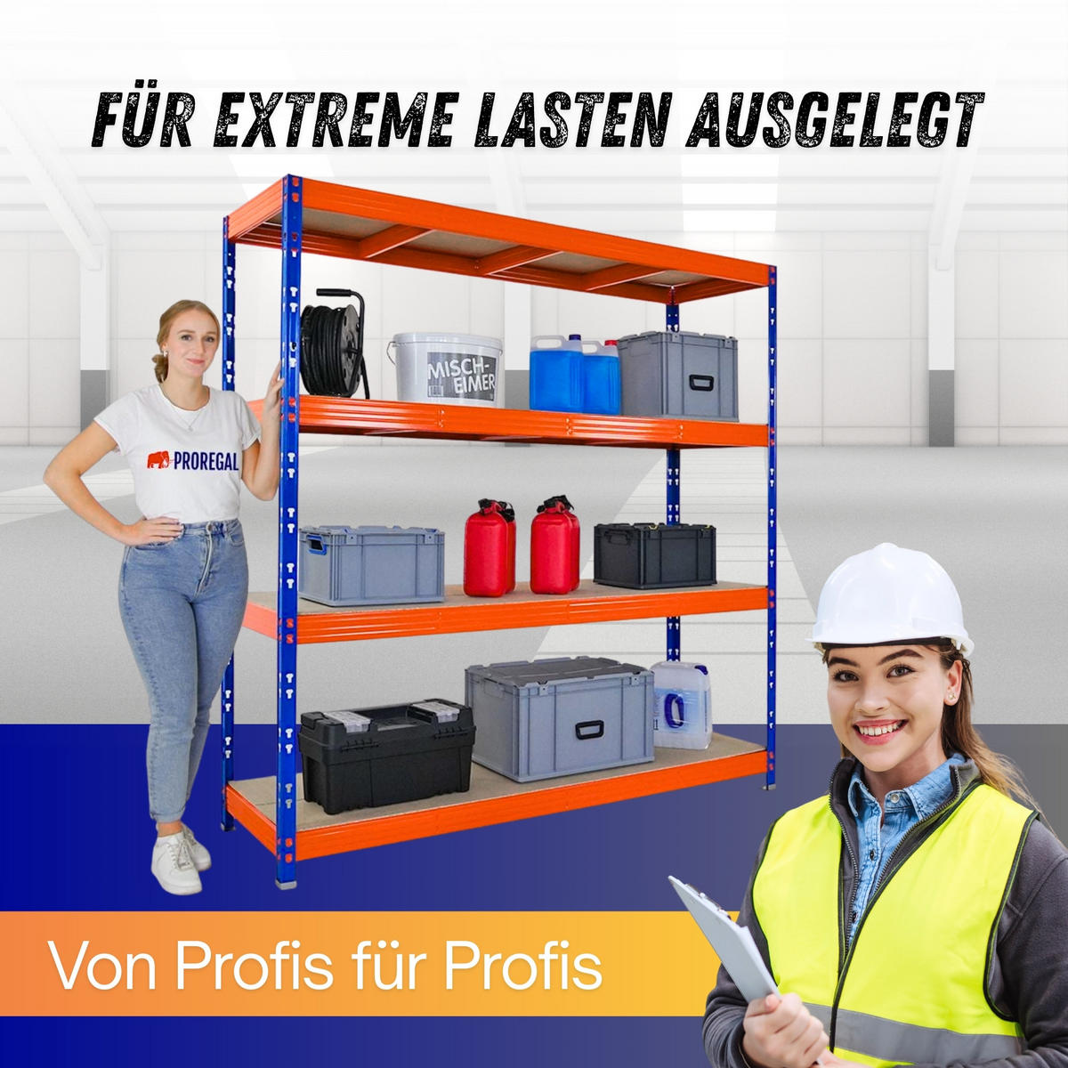 SCHWERLASTREGAL Rhino 200x200x60 cm 4 Spanplatten-Ebenen 8mm Fachlast 500 kg Blau/Orange - Blau/Orange, Metall (200/200/60cm) - PROREGAL