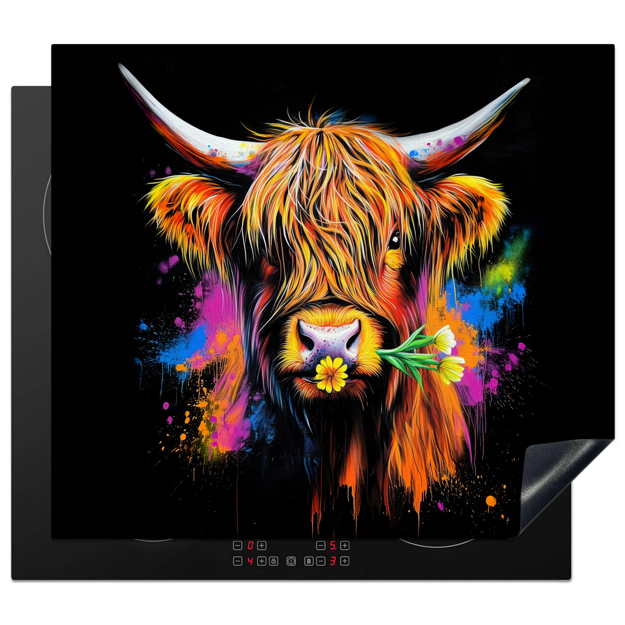 ZAŠČITA ZA INDUKCIJSKO PLOŠČO Grafiti višinskega goveda 59x52 cm cm - večbarvno, umetna masa (59/52/0.2cm) - MuchoWow