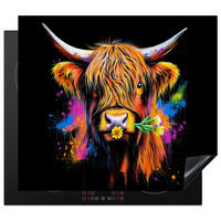 HERDABDECKPLATTE Schottischer Highlander - Graffiti - Bunt - Blume - Tiere Herdabdeckung Induktionsfeld 60x52 cm - Multicolor, Kunststoff (60/52/0.2cm) - MuchoWow