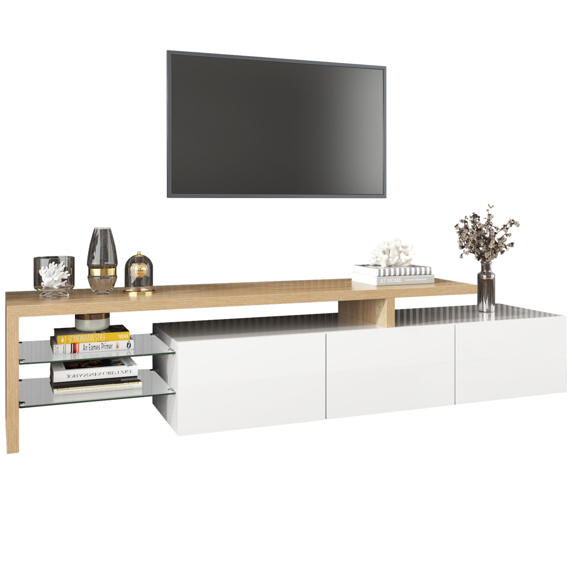 LOWBOARD 197,5/39/42 cm in Weiß/Natur mit LED-Beleuchtung und Glasböden - Weiß, Holzwerkstoff (197.5/42/39cm) - Flora Grace