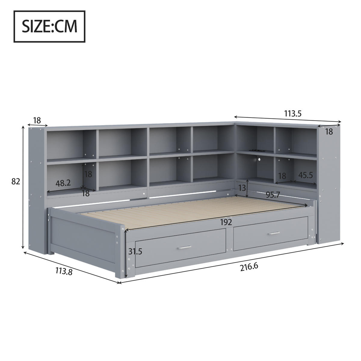 JUGENDBETT 90/180x190cm mit Ausziehbett，Grau - Grau, Holz (90/190cm) - KOMHTOM