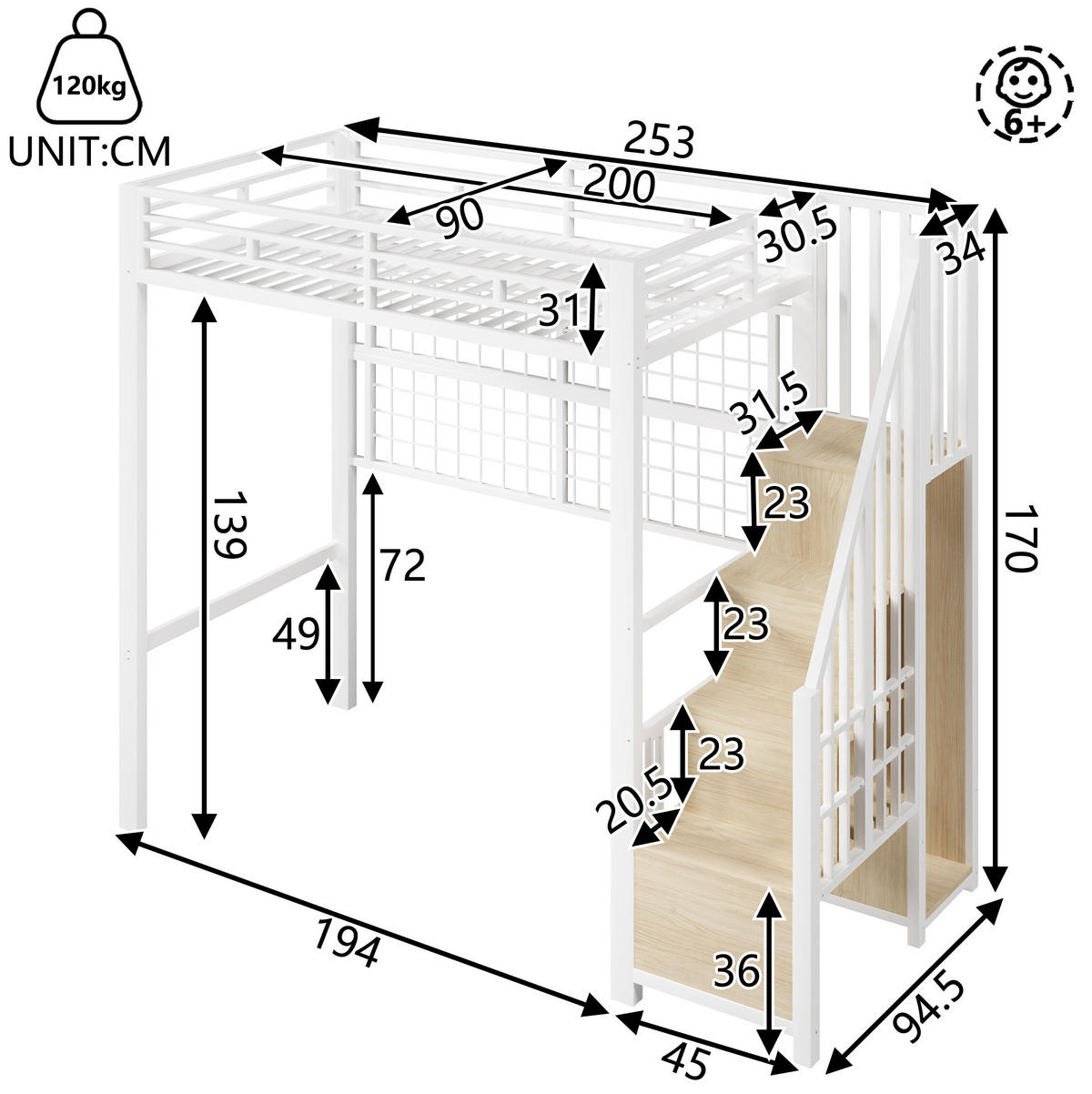 HOCHBETT 90/200 cm in Weiß – mit Stauraumleiter, Kleiderschrank und LED - Weiß, Metall (90/200cm) - BEAOK