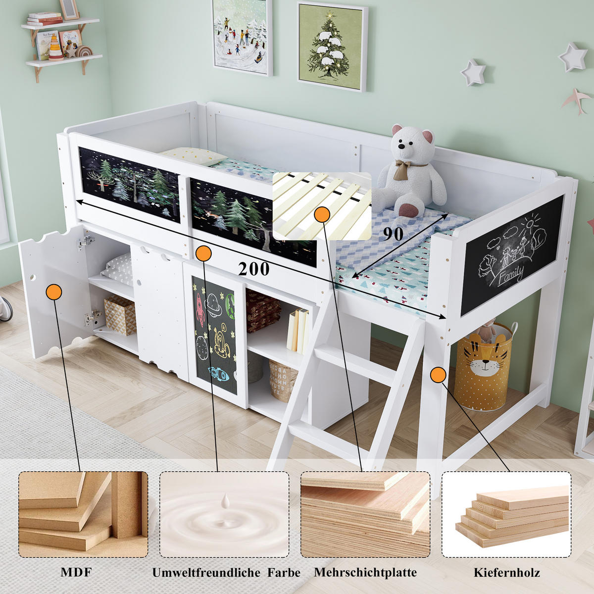 HOCHBETT 90/200 cm in Weiß & Schwarz mit Schrank, Tafel und Schrägleiter - Weiß, Holz/Holzwerkstoff (90/200cm) - CHICFURN