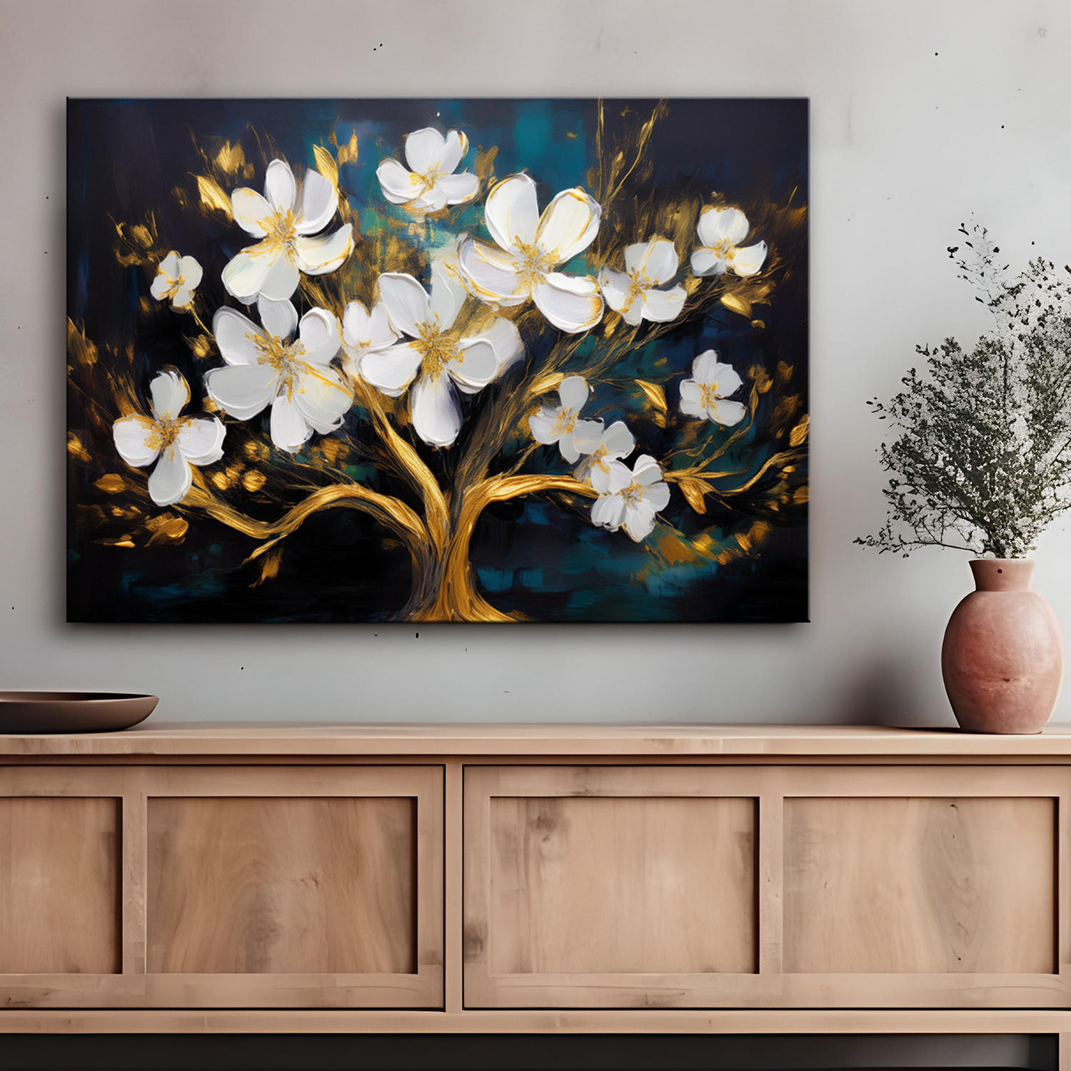 WANDBILD baum des lebens glamour abstrakte blumen - Goldfarben, Textil (60/40cm) - Feeby