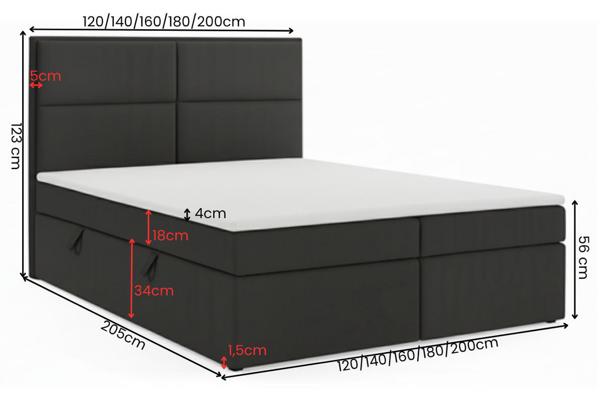 BOXSPRINGBETT AURORA mit Topper und Bettkasten, Anthrazit, 160x200 cm - Anthrazit, Textil (160/200cm) - KS Home Concept