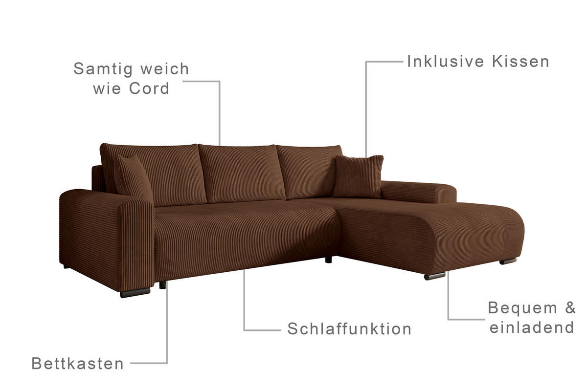 ECKSOFA Nelly mit Bettkasten und Schlaffunktion, Cordstoff in L-Form - Braun, Textil (270/185cm)
