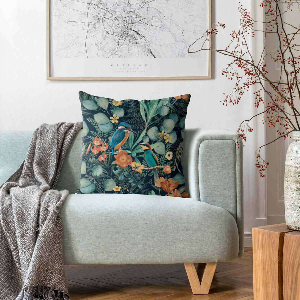 DEKOKISSEN Blumenparadies Eisvogel und Kolibri 50/50 cm - Grün, Textil (50/50/10cm) - Bilderwelten